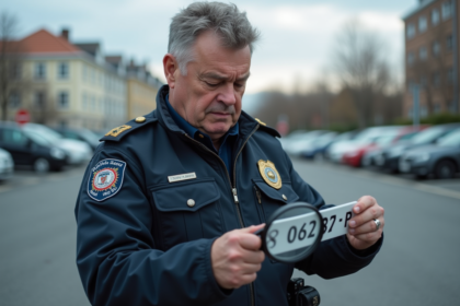 Agent de police examinant une plaque d'immatriculation
