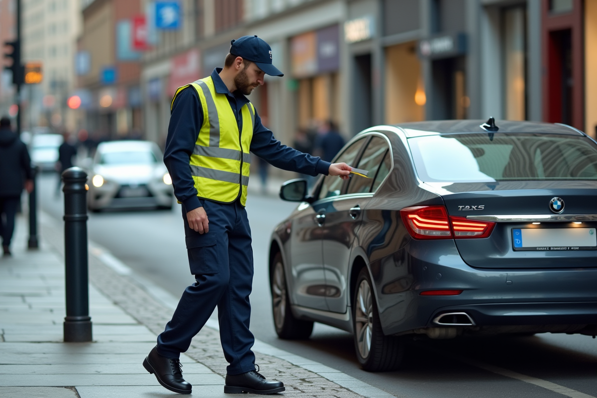 Agent municipal apposant une contravention sur une voiture garée