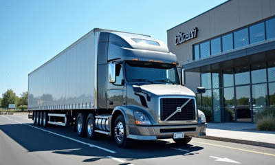 Camion semi-remorque d'occasion bien entretenu devant un bâtiment moderne