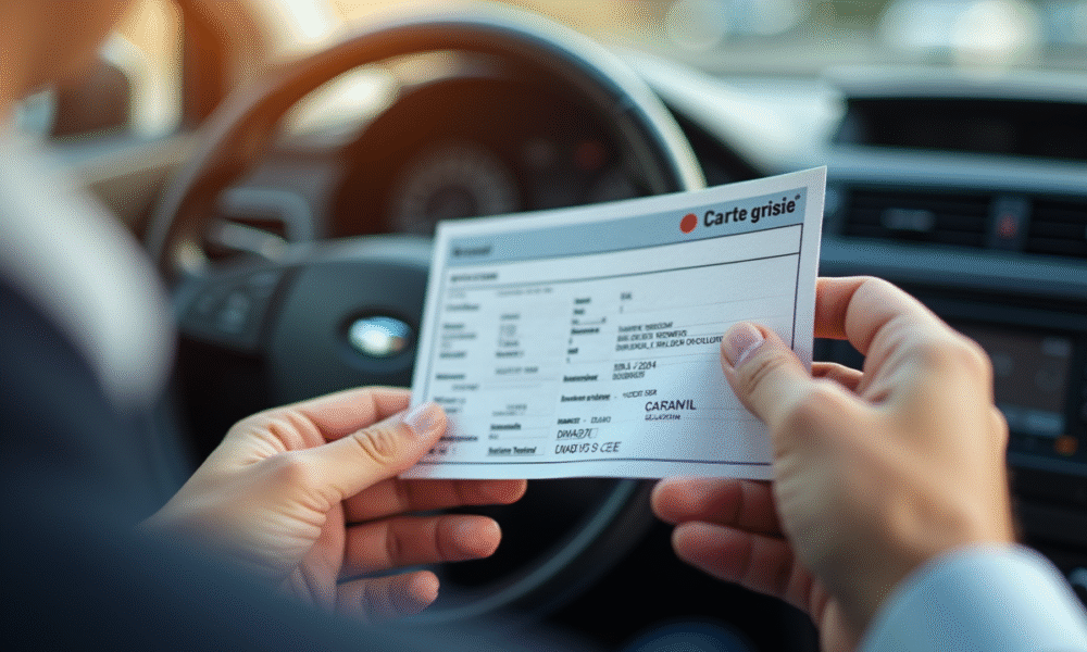Main tenant une carte grise voiture en plein jour