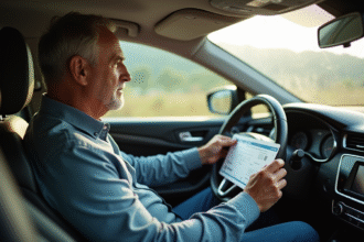 Conducteur mature dans une voiture moderne avec permis