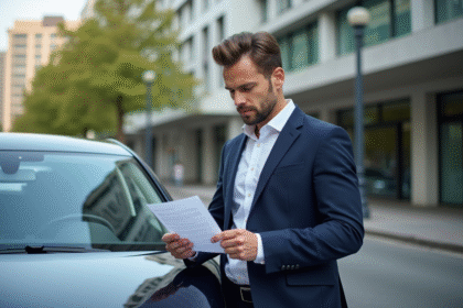 Conducteur VTC homme en costume vérifiant documents d'assurance