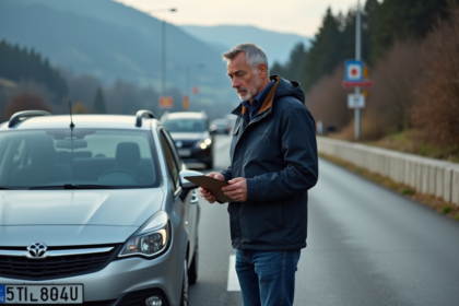 Homme vérifiant un document au poste frontière suisse France