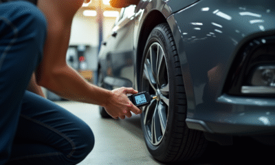 Personne utilisant un manomètre digital sur un pneu de voiture en garage