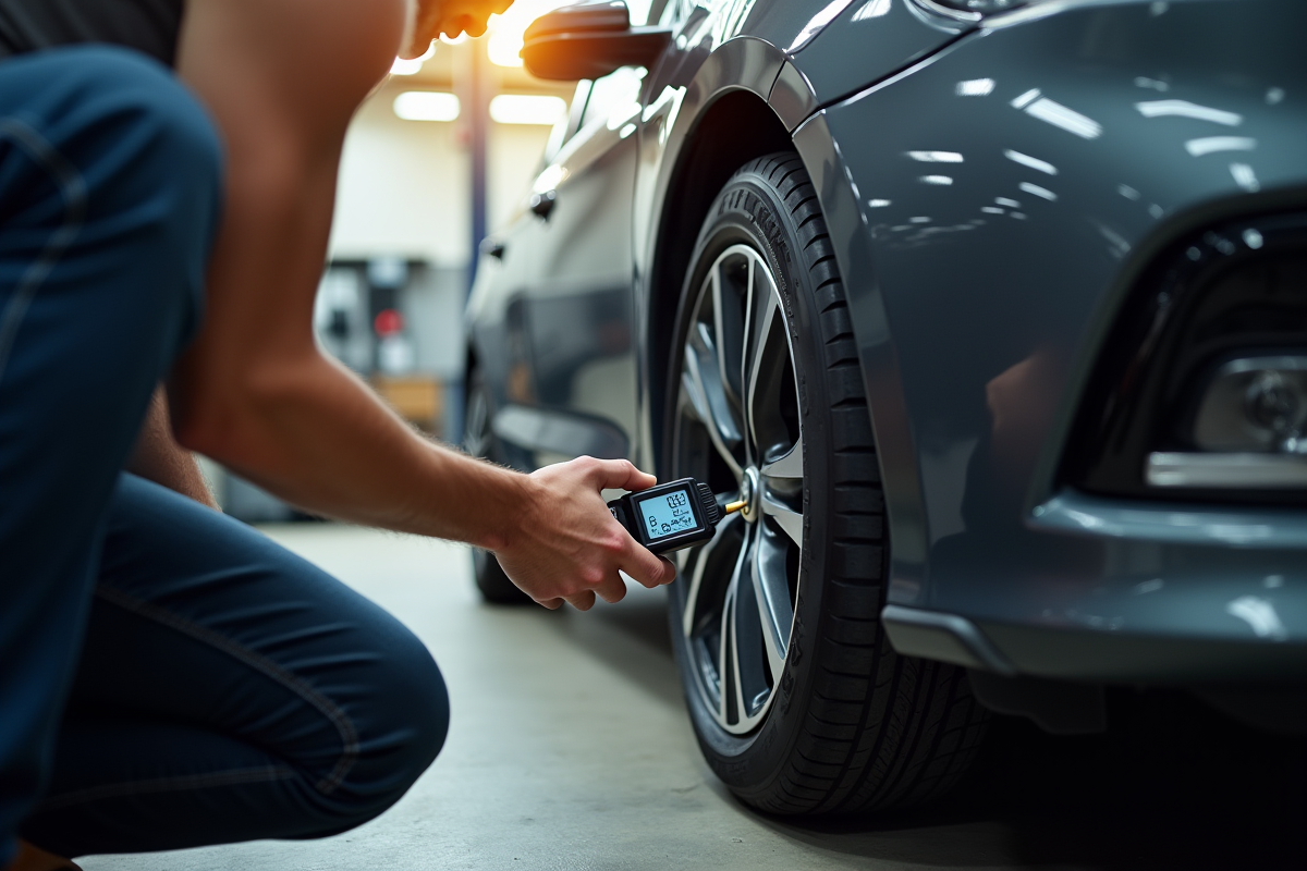 Personne utilisant un manomètre digital sur un pneu de voiture en garage
