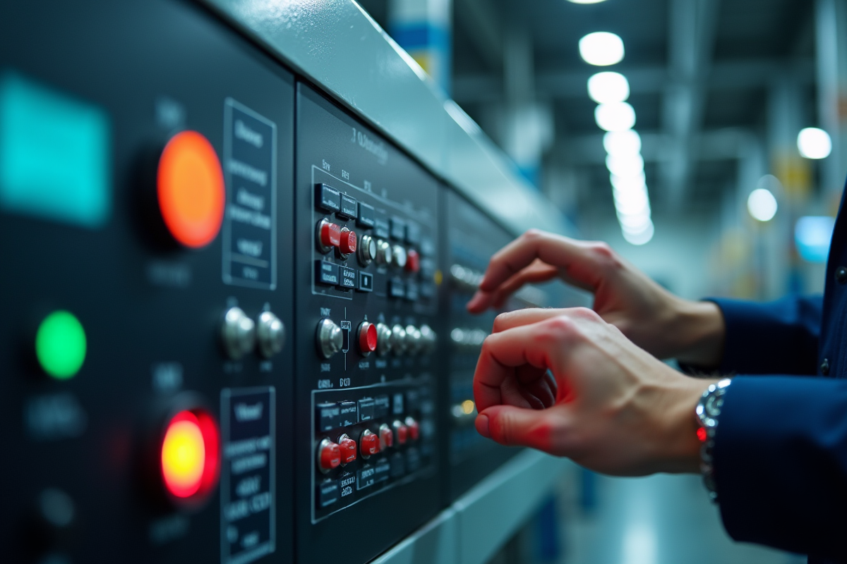 Technicien ajustant un panneau M12 industriel en usine