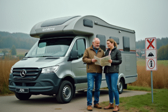 Couple avec van camping en nature avec carte