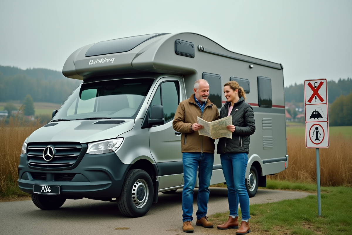 Couple avec van camping en nature avec carte