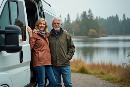 Couple souriant près d’un van au bord du lac