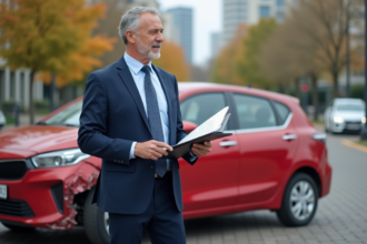 Expert en assurance examine une voiture endommagee en plein air