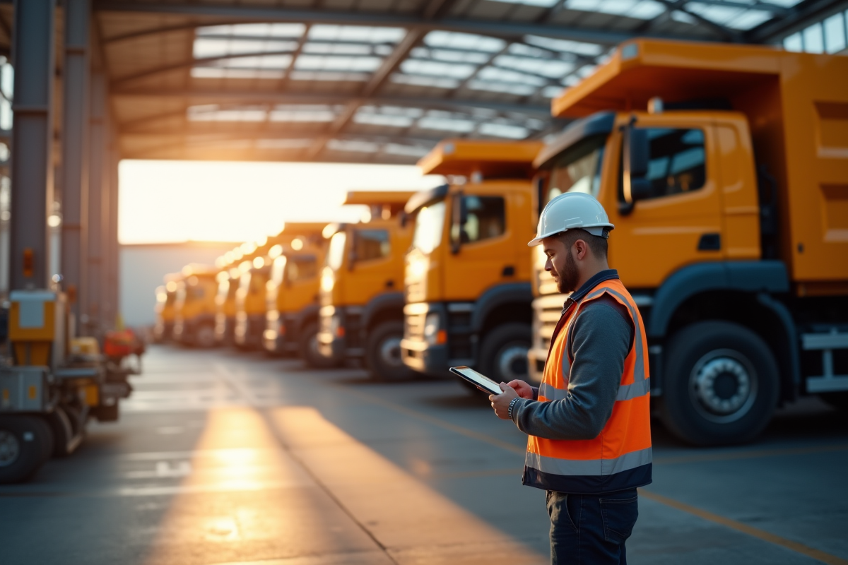 Expert en logistique avec une tablette face à plusieurs camions de tailles différentes