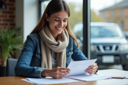 Jeune femme souriante vérifiant documents d'assurance voiture