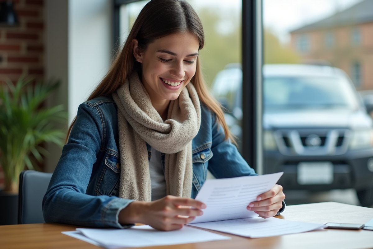 Jeune femme souriante vérifiant documents d'assurance voiture