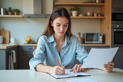 Jeune femme calcule ses impots à la maison