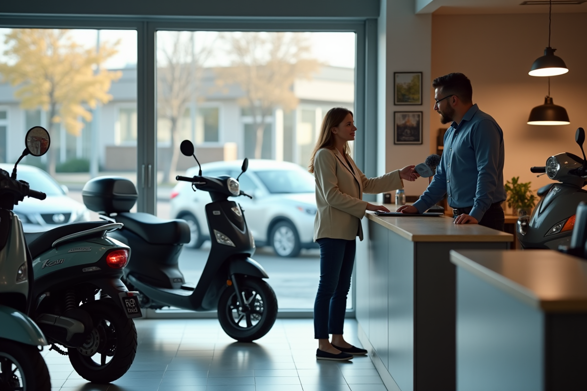 Femme discutant avec vendeur de scooters en showroom