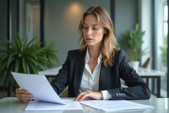 Femme d affaires examine un contrat de location au bureau