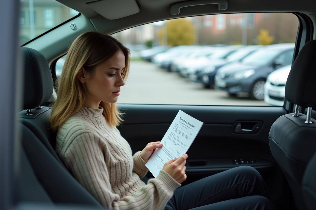 Femme regardant un certificat d inspection dans sa voiture en ville