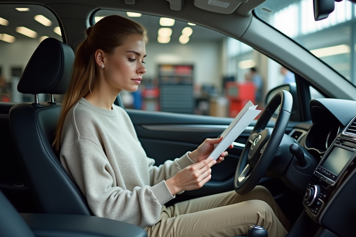 Jeune femme lisant une brochure dans sa voiture au garage