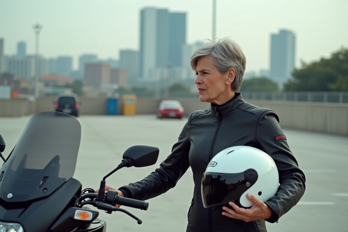 Femme en équipement de moto dans un parking urbain