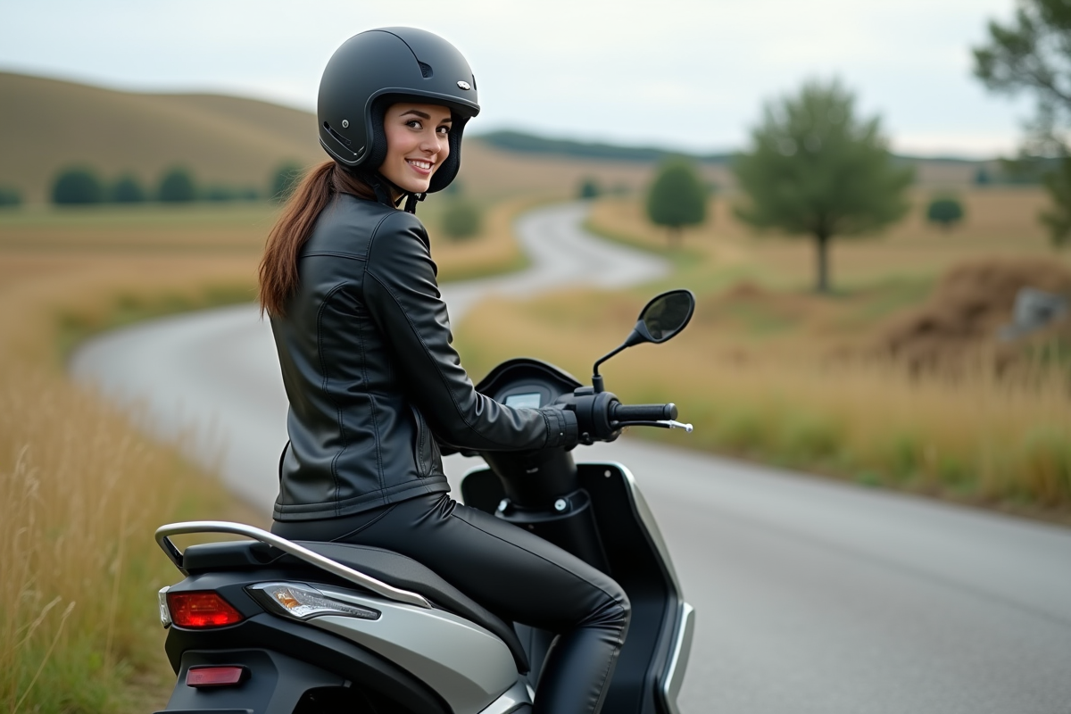 Femme en selle sur un scooter Xmax 125 en campagne
