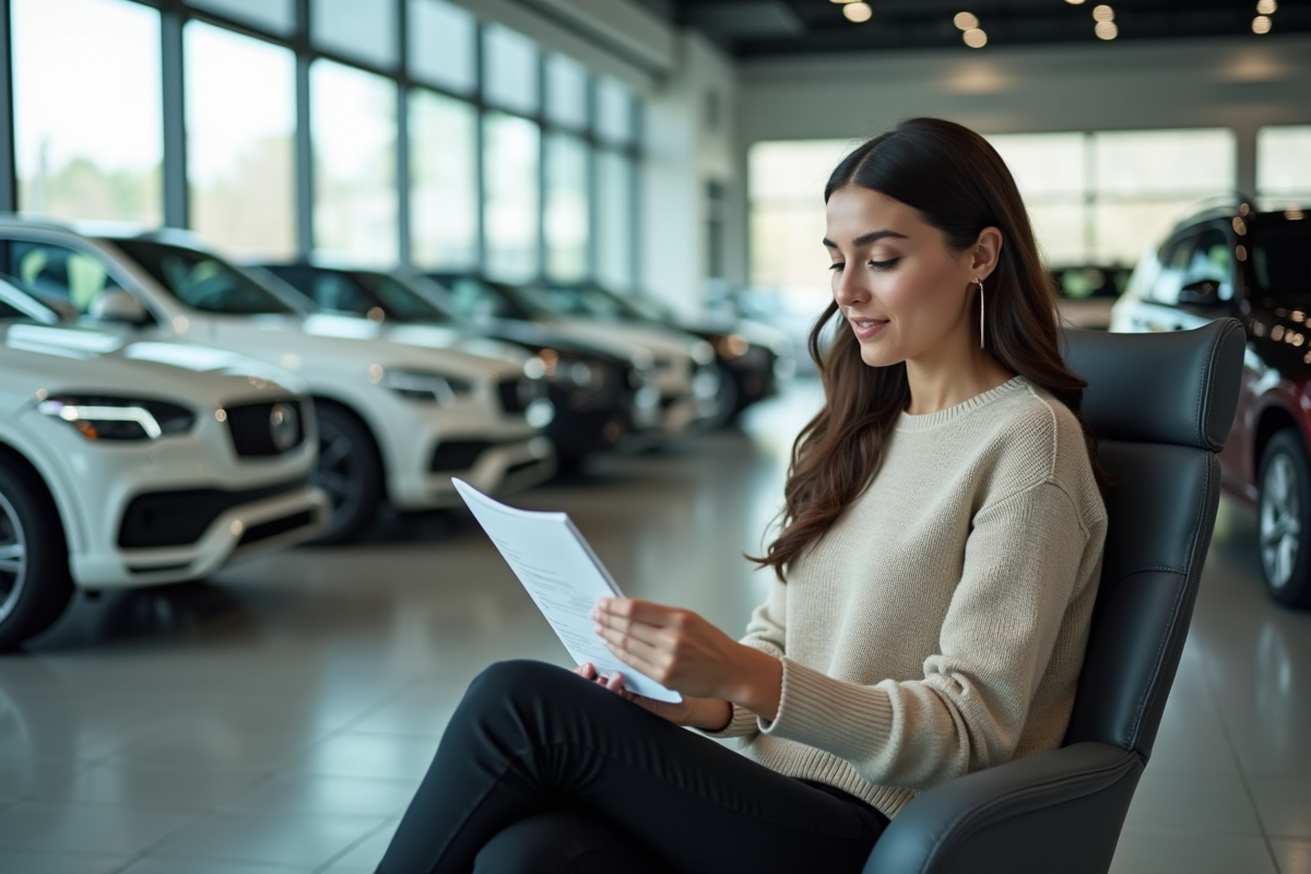 Femme dans un showroom automobile regardant une brochure SUV