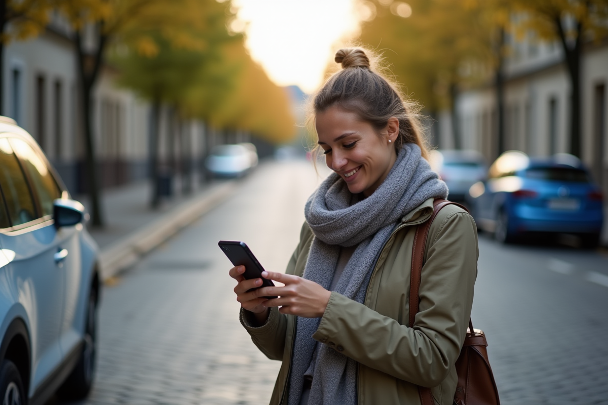 Femme vérifiant une application connectée à la voiture dans la rue
