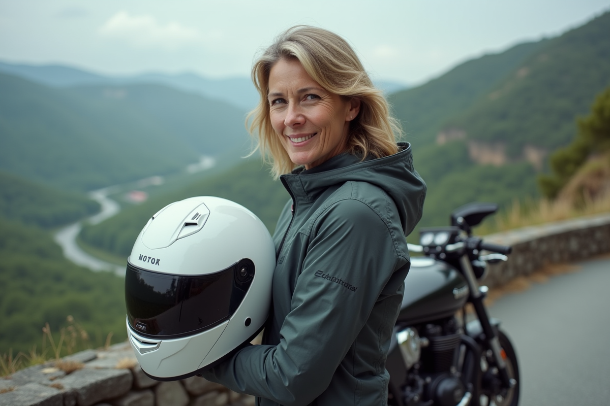 Femme avec casque blanc à côté de sa moto en paysage