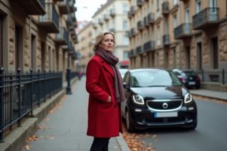 Femme en manteau rouge bloquée par une voiture en ville