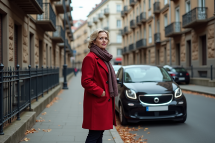 Femme en manteau rouge bloquée par une voiture en ville