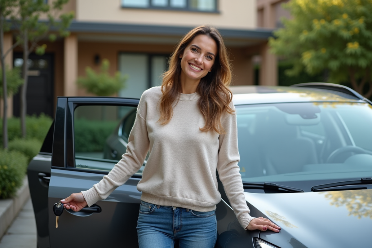 Femme souriante avec clés devant une voiture moderne dans une résidence