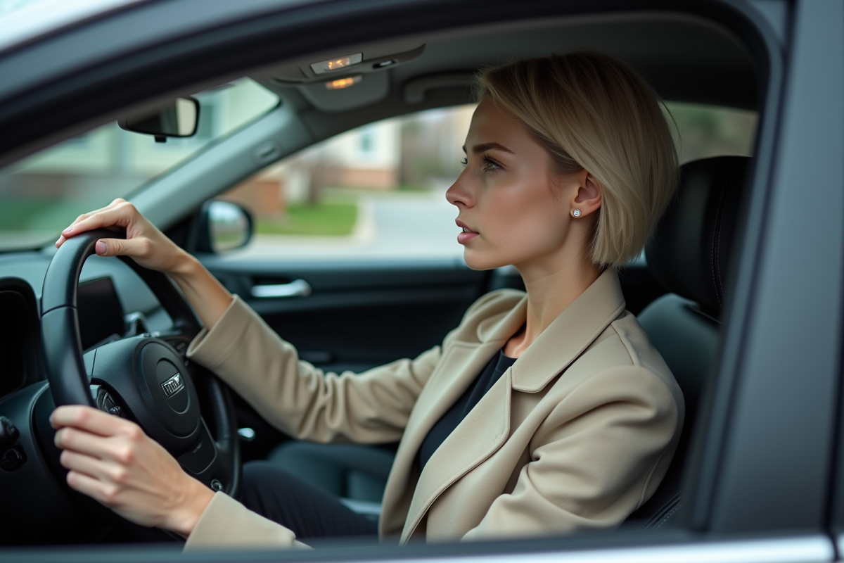 Femme pensant dans sa voiture en banlieue