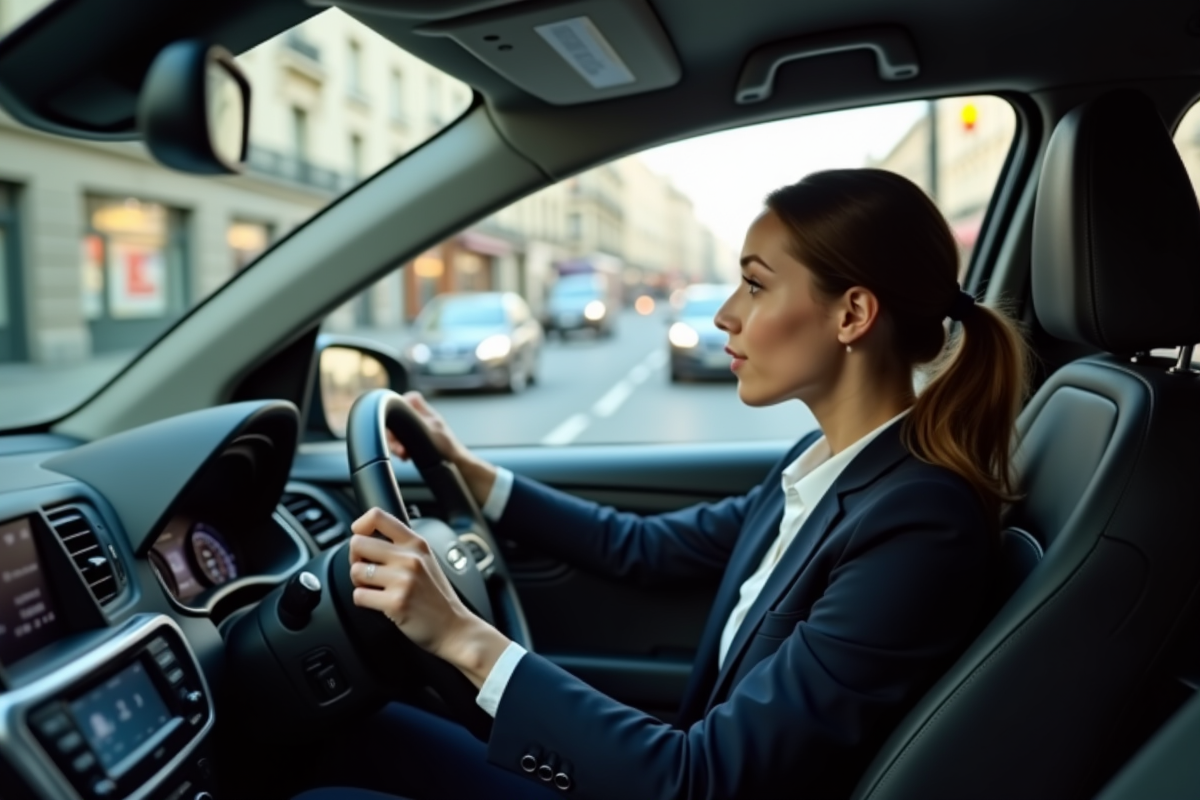 Jeune femme en costume dans sa voiture diesel en ville
