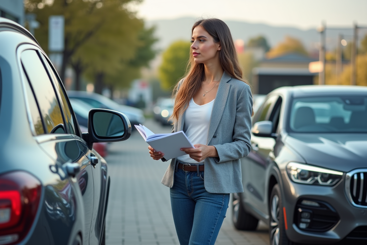 Jeune femme regardant des voitures dans un parking de concession