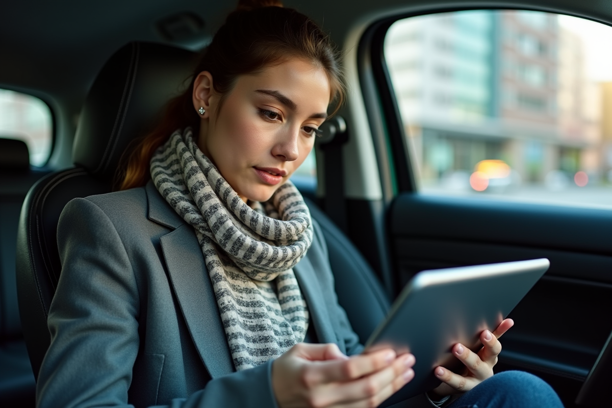 Jeune femme VTC regardant son tablet dans la voiture