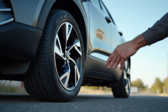 Gros plan d'un pneu de voiture sur route neuve inspection