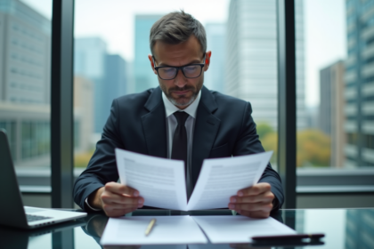 Homme d'affaires en costume examinant des contrats au bureau
