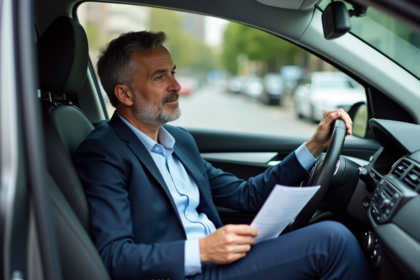 Homme d'affaires dans sa voiture avec documents d'assurance