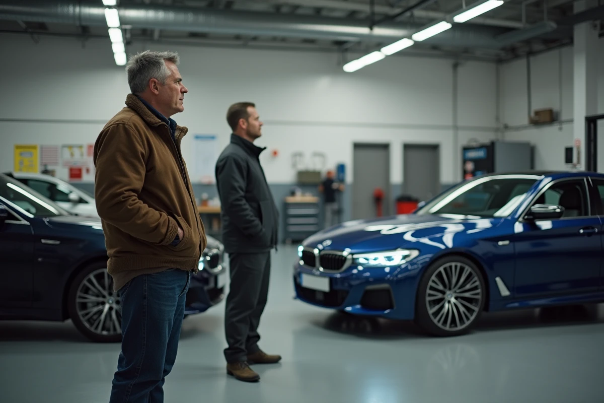 Homme d'âge moyen dans un atelier auto moderne avec deux voitures de luxe