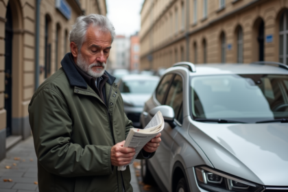 Homme d'âge moyen lisant devant sa voiture diesel Euro 6