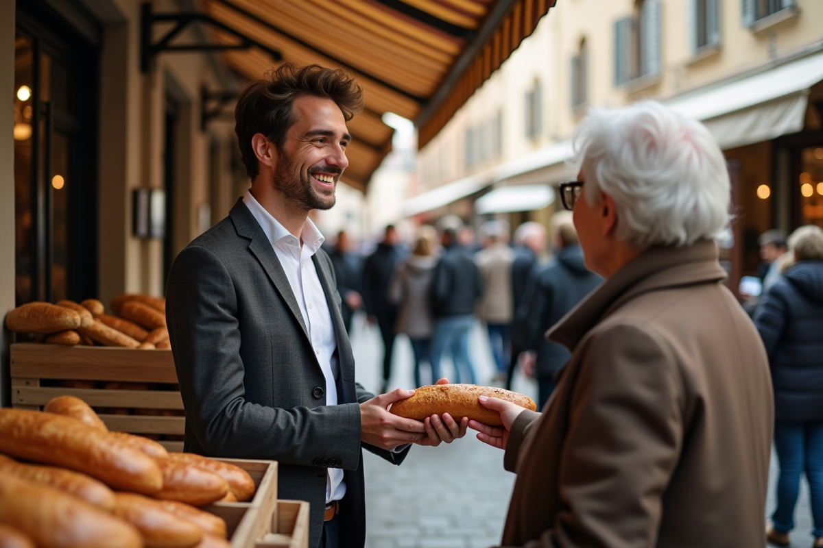 Jeune homme français remerciant une vendeuse au marché