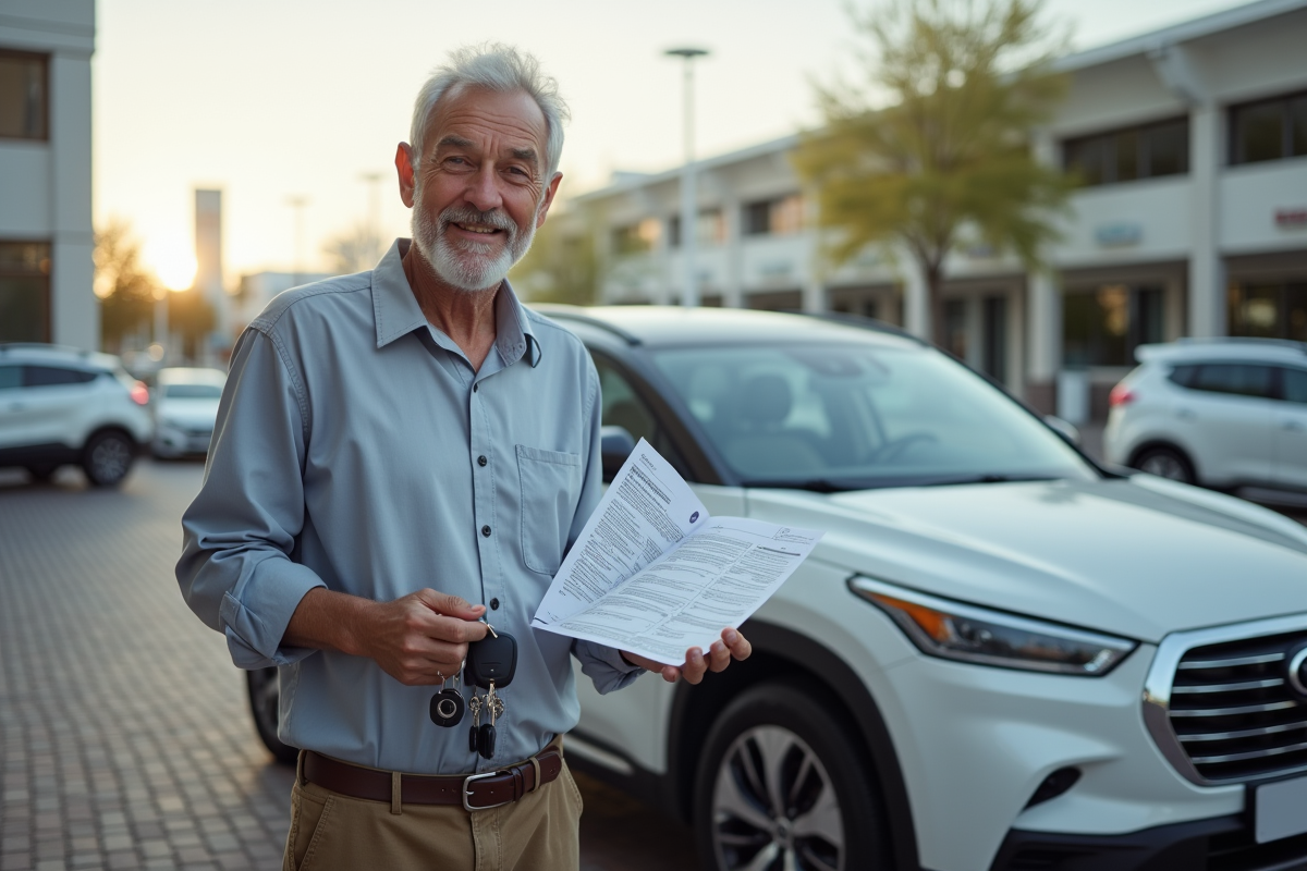 Homme souriant avec clés et assurance devant une voiture