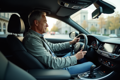 Homme d'âge moyen conduisant une voiture moderne en ville