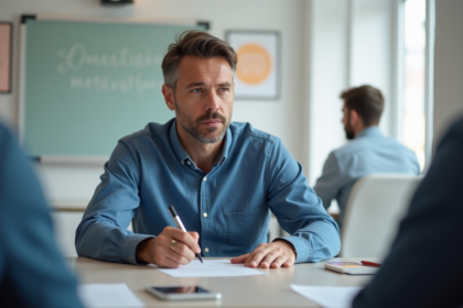 Homme concentré lors d'une conférence en salle moderne