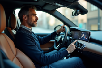 Homme dans sa voiture utilisant le tableau de bord numérique
