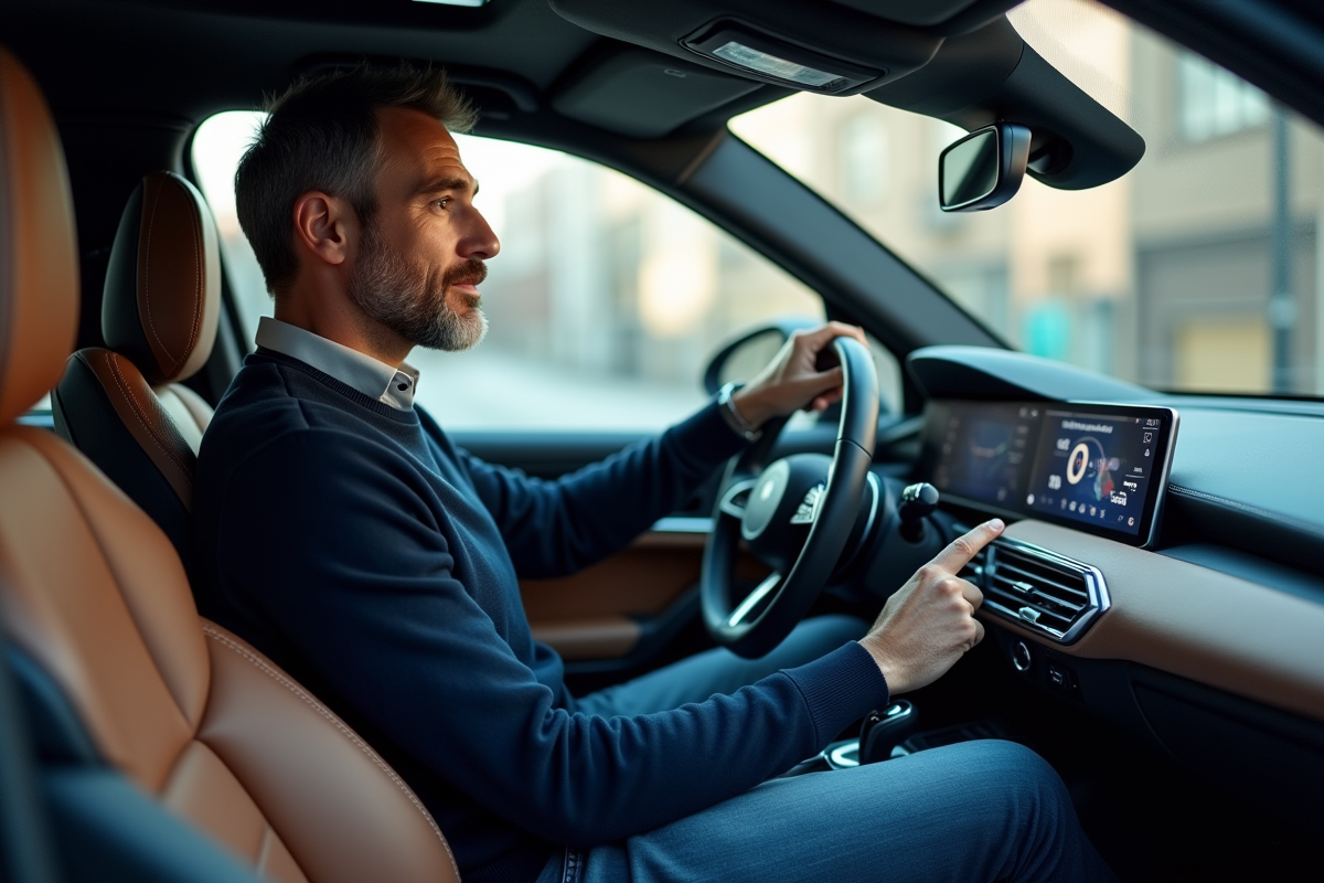 Homme dans sa voiture utilisant le tableau de bord numérique