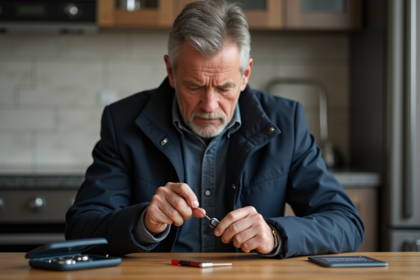 Homme d'âge moyen examinant sa télécommande de voiture dans la cuisine