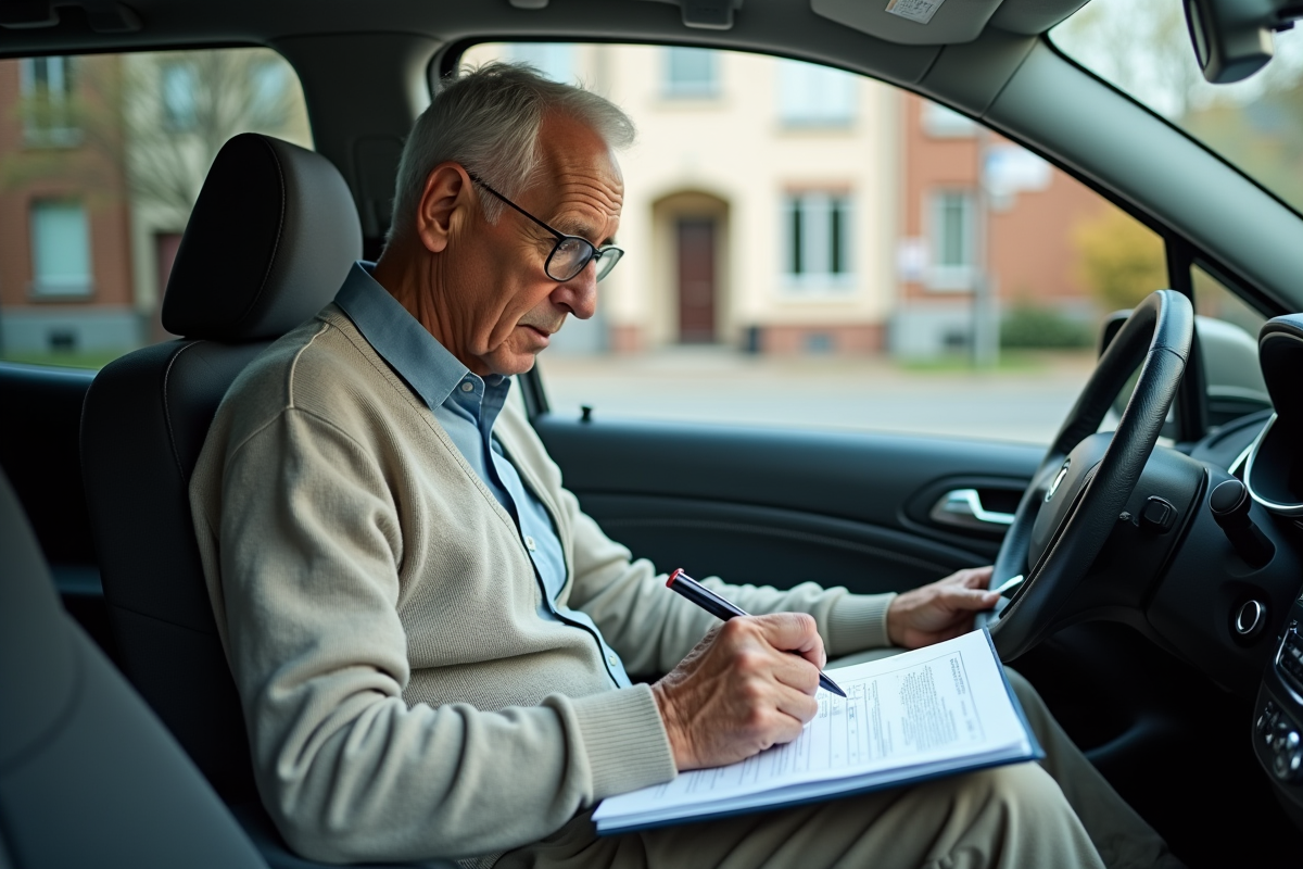 Homme âgé signant des papiers d