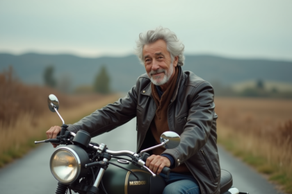 Homme d'âge moyen avec moto vintage dans la campagne