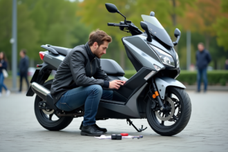Homme ajuste la roue d'un scooter Yamaha Xmax 125 en extérieur
