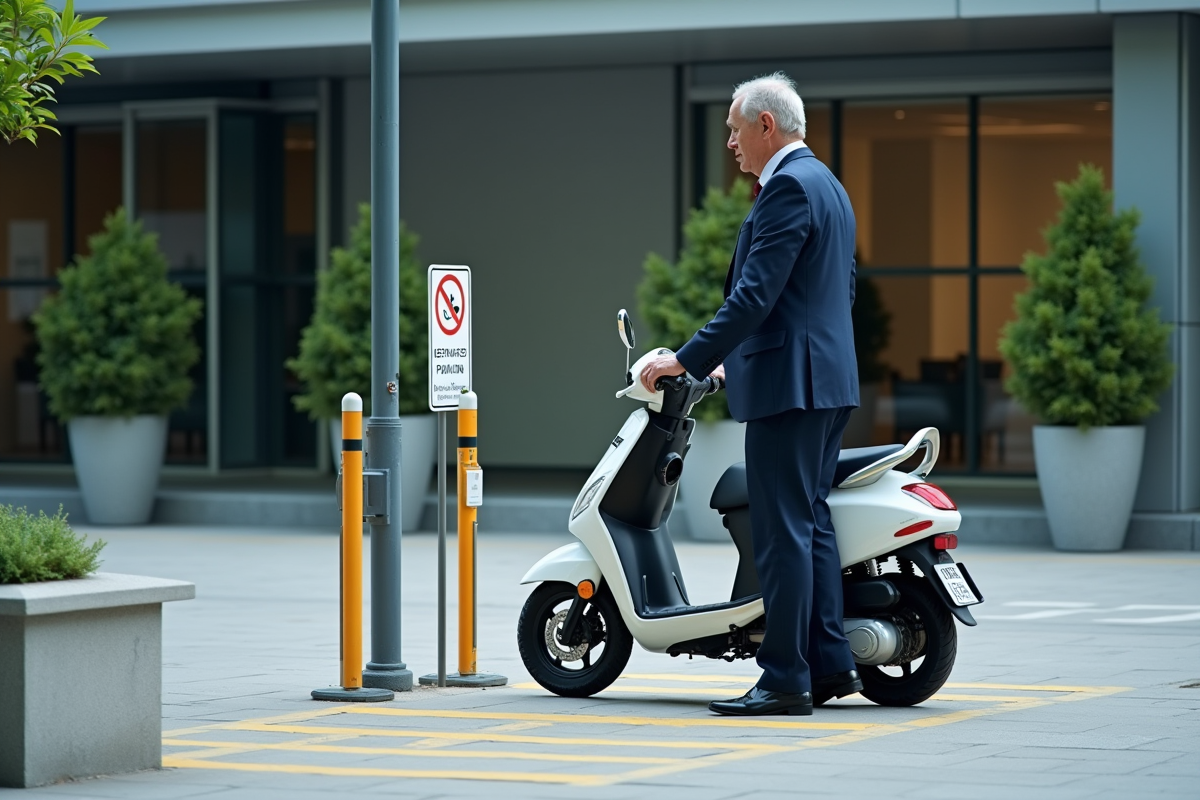 Homme d age en costume garer scooter urbain